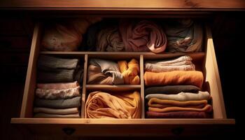 arrumado arranjo do multi colori têxteis dentro moderno armazenamento compartimento gerado de ai foto
