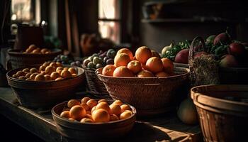 abundante colheita do fresco orgânico frutas e legumes em rústico mesa gerado de ai foto