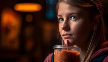 fofa caucasiano menina sorridente, segurando beber com Palha dentro de casa às noite gerado de ai foto