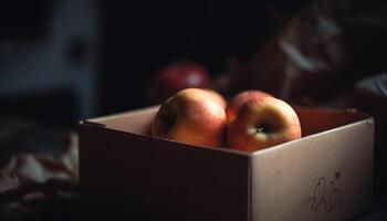 orgânico maçã lanche em de madeira mesa, promovendo saudável estilo de vida escolhas gerado de ai foto