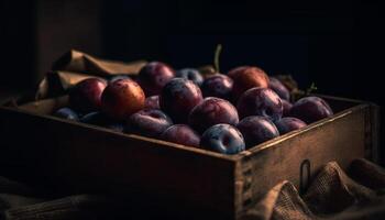 uma ampla engradado do maduro, suculento baga fruta em de madeira fundos gerado de ai foto