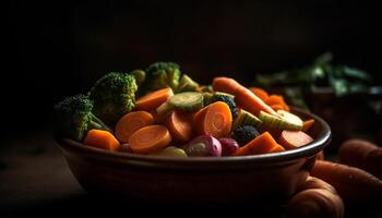 saudável vegetariano salada com fresco orgânico legumes em rústico mesa gerado de ai foto