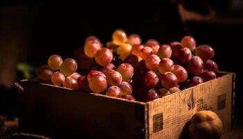 suculento uva cachos dentro rústico de madeira cesta, perfeito para vinificação gerado de ai foto