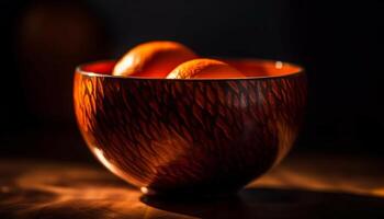 suculento citrino fruta dentro uma de madeira tigela em rústico mesa gerado de ai foto