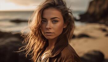 lindo jovem mulher em pé dentro natureza, sorridente às pôr do sol gerado de ai foto