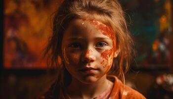 fofa caucasiano menina sorridente, olhando às Câmera, desfrutando bagunçado pintura gerado de ai foto