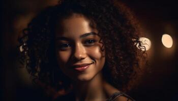 lindo jovem mulheres com encaracolado Castanho cabelo sorridente às Câmera gerado de ai foto