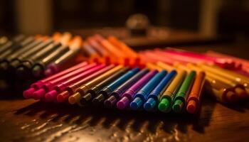 vibrante cores do giz de cera, lápis, e pintura dentro uma Diversão arranjo gerado de ai foto