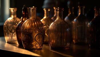 Sombrio uísque garrafa, velho formado vidro, luxo beber estabelecimento, elegante coleção gerado de ai foto