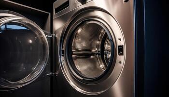 moderno inoxidável aço lavando máquina rotaciona molhado roupas para frescor gerado de ai foto