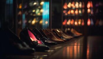 moderno luxo sapato coleção exibido dentro elegante varejo loja janela gerado de ai foto