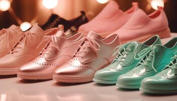 variedade do elegante Esportes sapatos dentro multi colori arranjo em venda gerado de ai foto