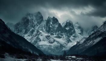 coberto de neve montanha pico dentro majestoso dolomitas, uma panorâmico região selvagem aventura gerado de ai foto