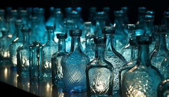 uma limpar, transparente vidro garrafa do azul líquido dentro uma linha gerado de ai foto