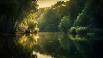 tranquilo cena do natural beleza floresta, árvore, lago, reflexão gerado de ai foto