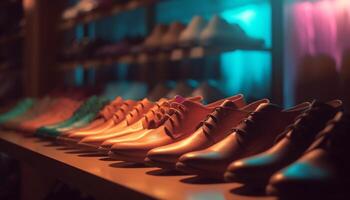 variedade do confortável couro sapatos em exibição dentro moderno boutique gerado de ai foto