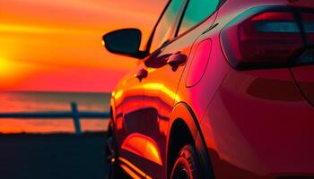 luxo Esportes carro velocidades através cidade tráfego às crepúsculo gerado de ai foto