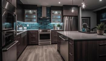 moderno inoxidável aço cozinha ilha, elegante frigorífico, luxuoso apartamento vivo gerado de ai foto