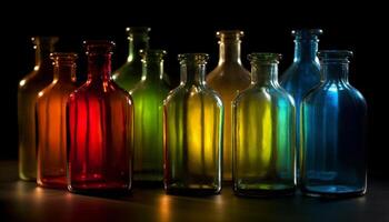 multi colori vidro garrafas preenchidas com álcool e remédio dentro uma laboratório gerado de ai foto