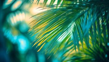 tropical Palma árvore frond dentro vibrante verde contra azul céu gerado de ai foto