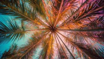 tranquilo pôr do sol em tropical litoral, Palma árvores balançar dentro calor gerado de ai foto