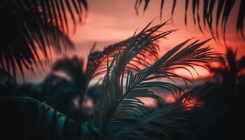 vibrante pôr do sol silhuetas Palma árvore contra tropical pano de fundo do natureza gerado de ai foto