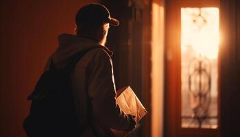 1 homem em pé retroiluminado às pôr do sol, segurando mochila, desfrutando natureza gerado de ai foto