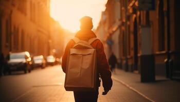 jovem adulto homem de negocios caminhando com mochila dentro cidade às pôr do sol gerado de ai foto