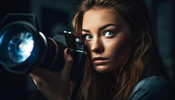 1 jovem adulto caucasiano mulher, segurando Câmera, fotografando beleza dentro de casa gerado de ai foto