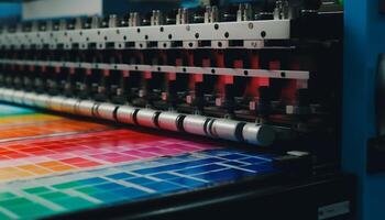 moderno têxtil Produção linha com automatizado maquinaria dentro uma fábrica gerado de ai foto