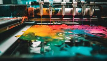 vibrante cores misturar com habilidade em metal maquinaria dentro fábrica gerado de ai foto