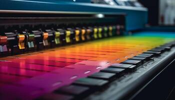 moderno estúdio equipamento ilumina a noite com multi colori botões gerado de ai foto
