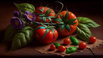 fresco tomate e folha em rústico madeira mesa gerado de ai foto