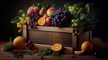 fresco outono fruta e vegetal decoração em mesa , generativo ai foto