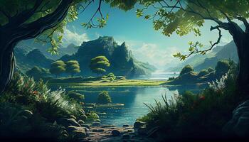 natureza beleza dentro panorama ilustração floresta montanha água , generativo ai foto