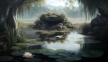 natureza reflexão tranquilo lagoa frondoso floresta árvore , generativo ai foto
