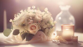 romântico luz de velas Casamento com elegante floral arranjos , generativo ai foto