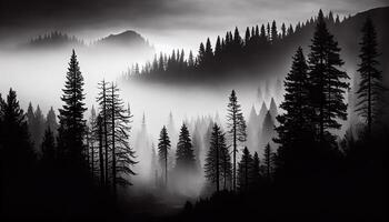 misterioso floresta silhueta tranquilo cena Preto e branco , generativo ai foto