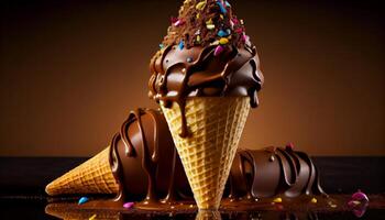 sobremesa indulgência gourmet chocolate gelo creme em waffle cone , generativo ai foto