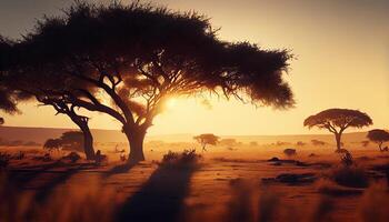 Sol configuração atrás acácia árvore dentro africano savana , generativo ai foto