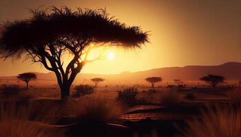 pôr do sol safári dentro da áfrica tranquilo região selvagem panorama , generativo ai foto