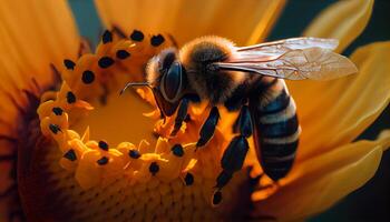 fechar acima do amarelo abelha polinizando uma flor , generativo ai foto