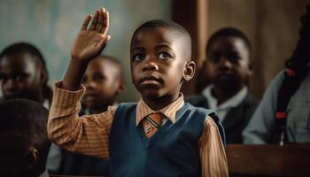 sorridente africano americano estudante e multi étnico colegas de classe estudando dentro de casa juntos gerado de ai foto