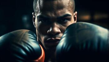 muscular homem boxe com determinação dentro Esportes Treinamento Academia retrato generativo ai foto