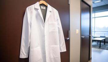 moderno cuidados de saúde perícia médico laboratório casaco e estetoscópio dentro escritório generativo ai foto