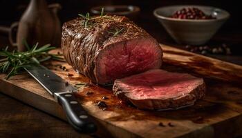 grelhado lombo bife, cozinhou raro com picante Pimenta tempero gerado de ai foto