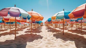 brilhante de praia guarda-chuvas e Sol espreguiçadeiras. generativo ai foto