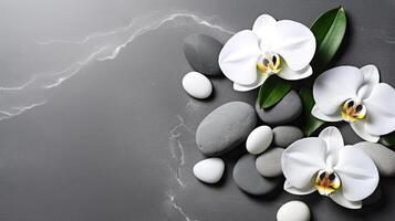 spa pedras, orquídea flor em cinzento fundo. generativo ai foto