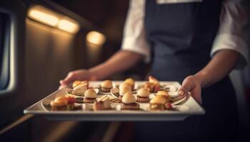 adulto chefe de cozinha segurando caseiro sobremesa em bandeja dentro comercial cozinha gerado de ai foto