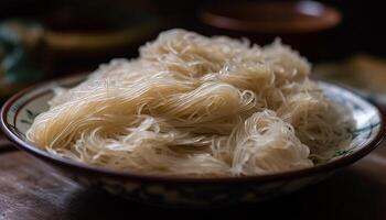 saudável comendo fresco caseiro vegetariano ramen com orgânico aletria e legumes gerado de ai foto